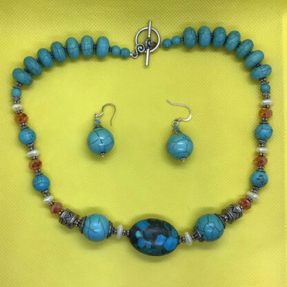 Turquoise, Pewter, Pearl, Amber Necklace & Earrings